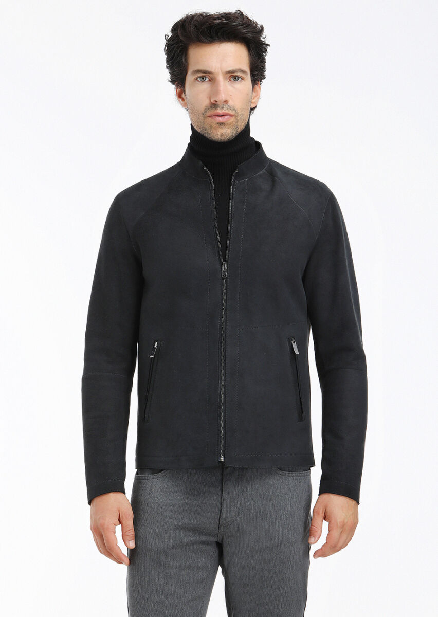 Black Regular Fit Turtleneck Casual Suede Double-Sided Leather Coat - 3