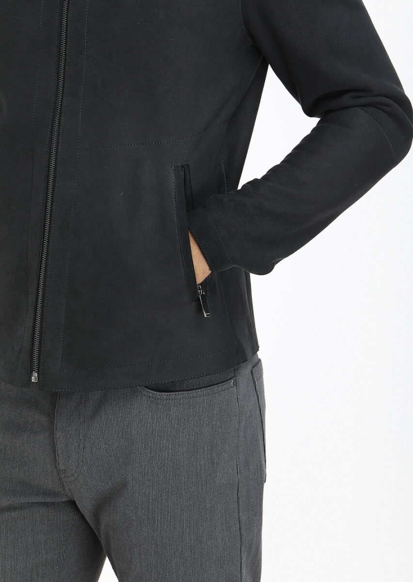 Black Regular Fit Turtleneck Casual Suede Double-Sided Leather Coat - 4