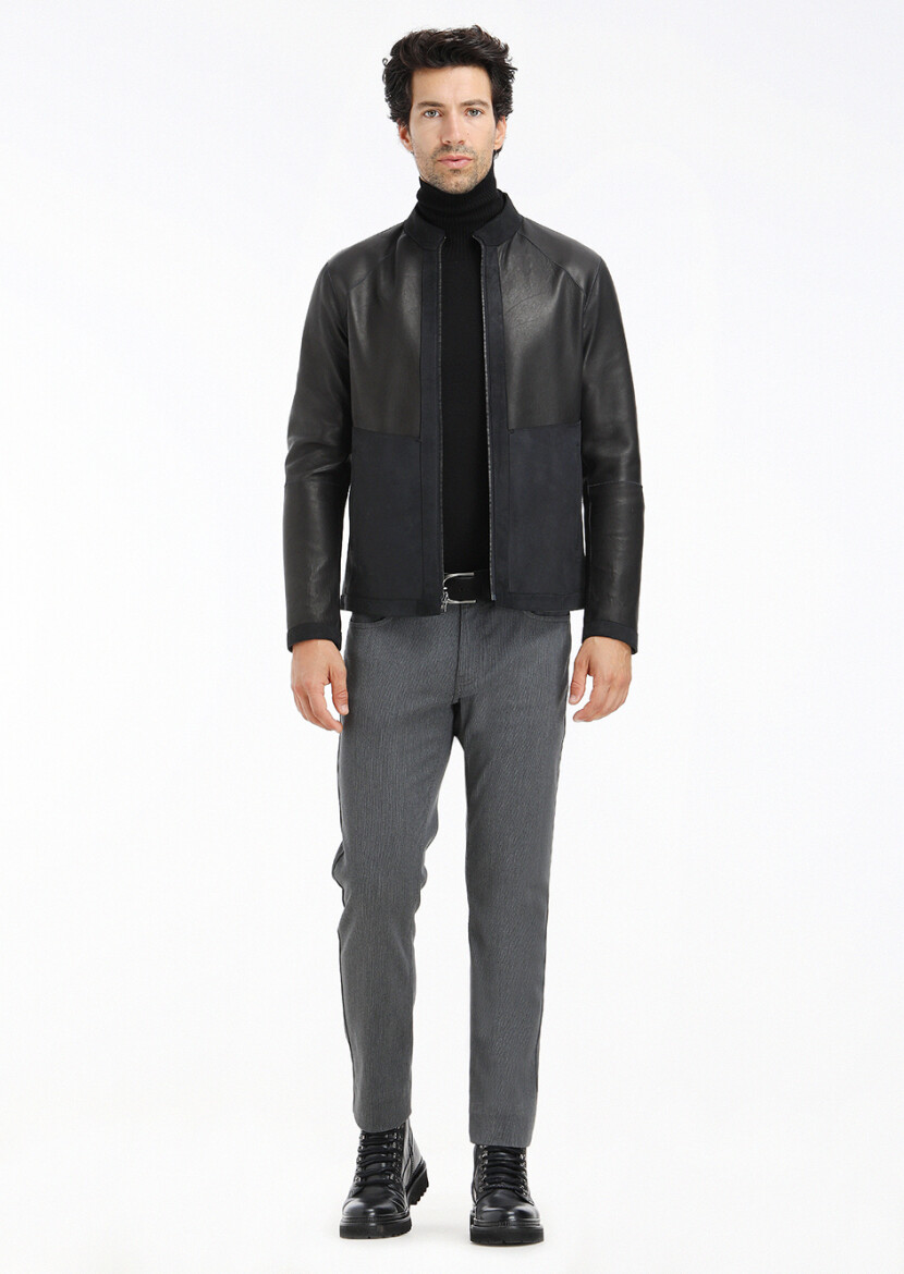 Black Regular Fit Turtleneck Casual Suede Double-Sided Leather Coat - 5