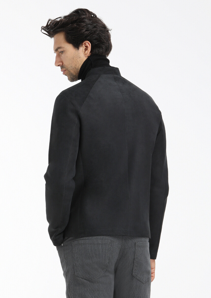 Black Regular Fit Turtleneck Casual Suede Double-Sided Leather Coat - 8