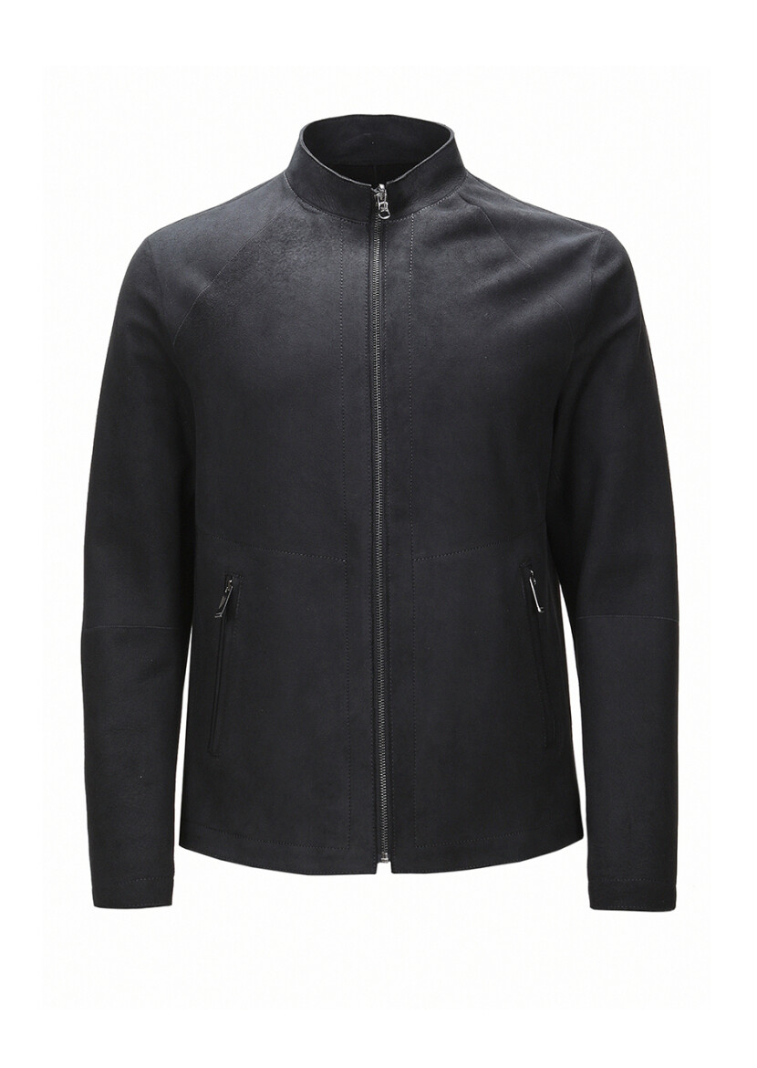 Black Regular Fit Turtleneck Casual Suede Double-Sided Leather Coat - 10