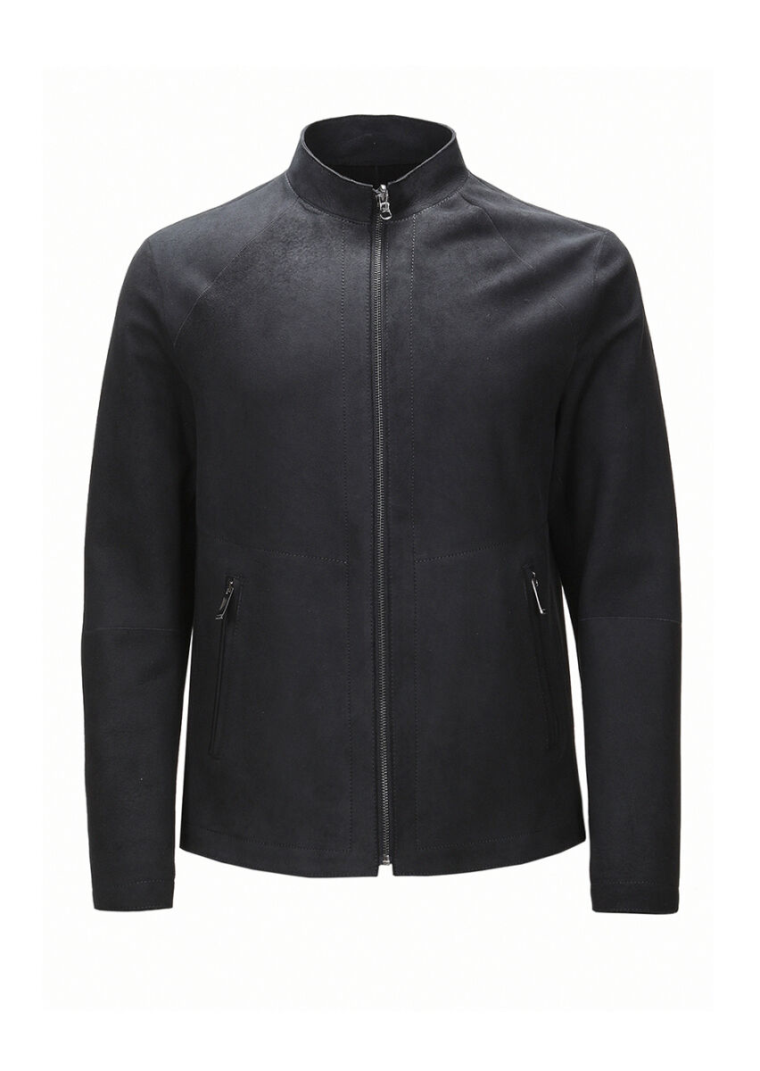 Black Regular Fit Turtleneck Casual Suede Double-Sided Leather Coat - 10
