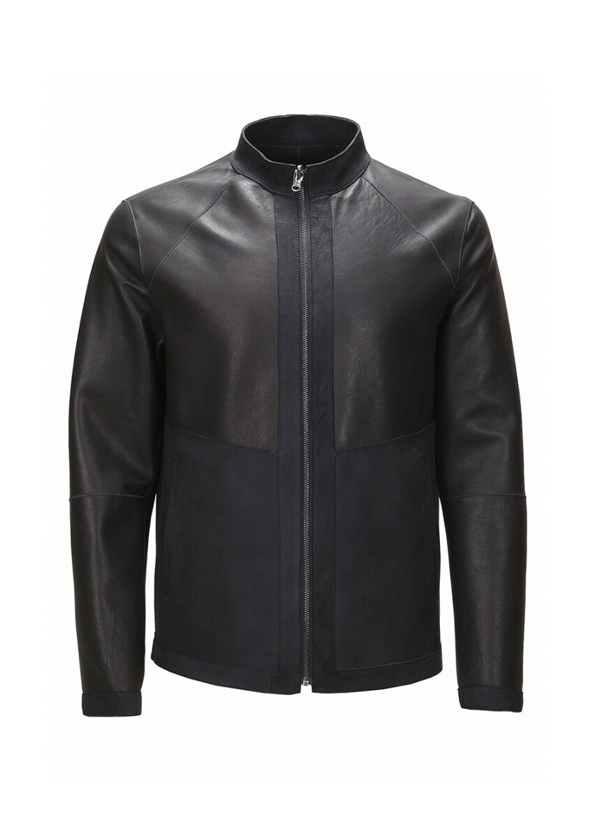 Black Regular Fit Turtleneck Casual Suede Double-Sided Leather Coat - 11