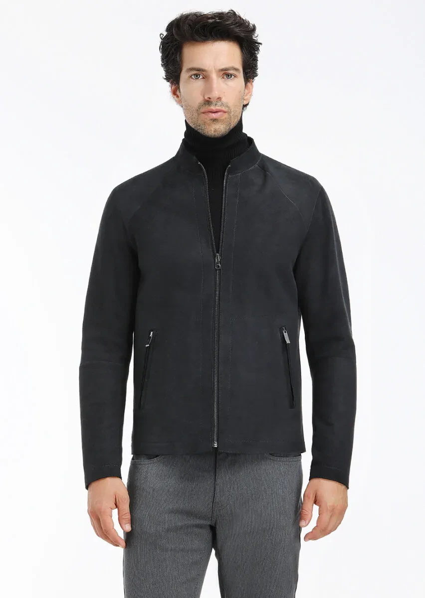 Black Regular Fit Turtleneck Casual Suede Double-Sided Leather Coat - 3