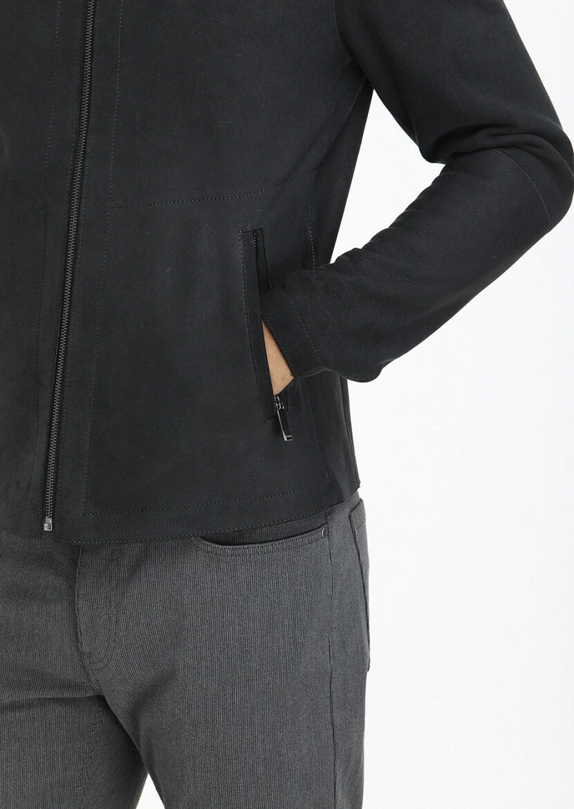 Black Regular Fit Turtleneck Casual Suede Double-Sided Leather Coat - 4
