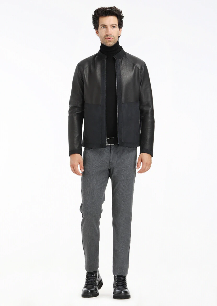 Black Regular Fit Turtleneck Casual Suede Double-Sided Leather Coat - 5