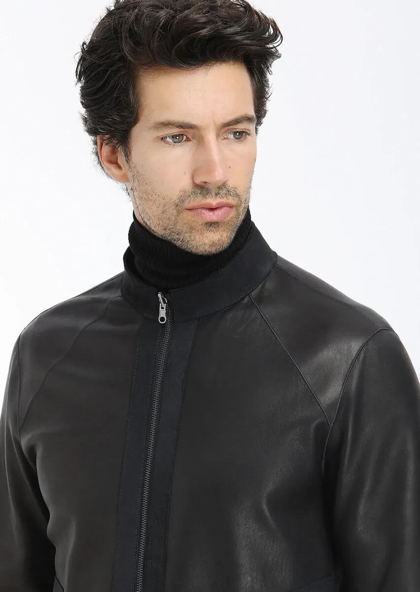 Black Regular Fit Turtleneck Casual Suede Double-Sided Leather Coat - 6