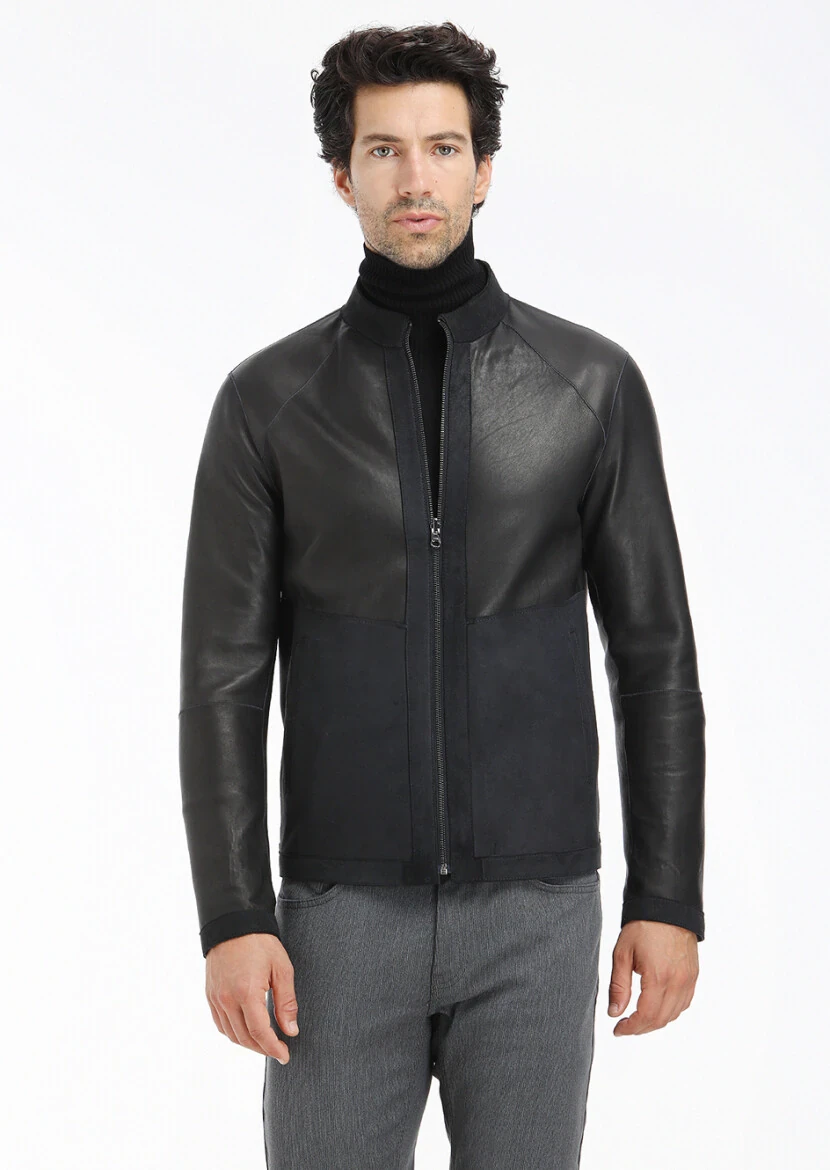 Black Regular Fit Turtleneck Casual Suede Double-Sided Leather Coat - 7
