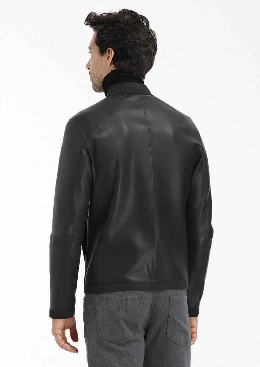 Black Regular Fit Turtleneck Casual Suede Double-Sided Leather Coat - 9
