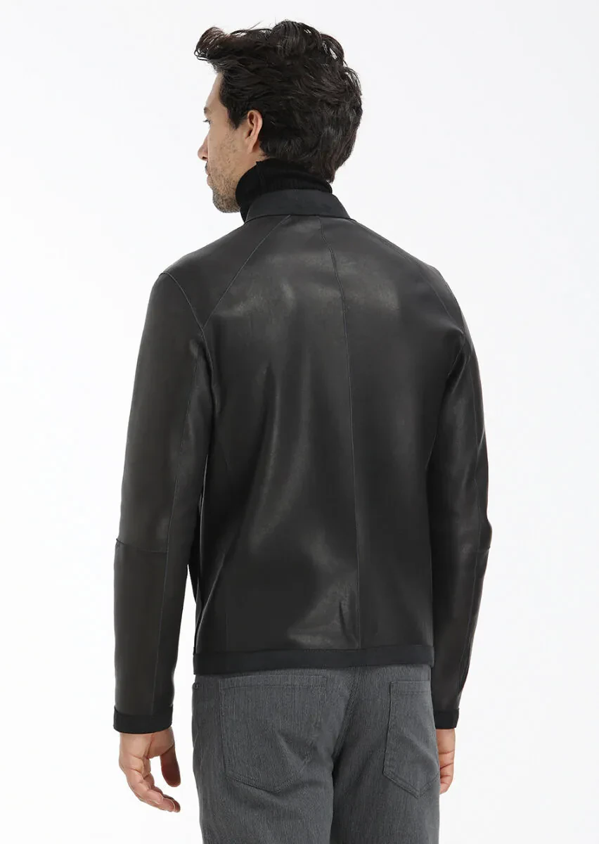 Black Regular Fit Turtleneck Casual Suede Double-Sided Leather Coat - 9