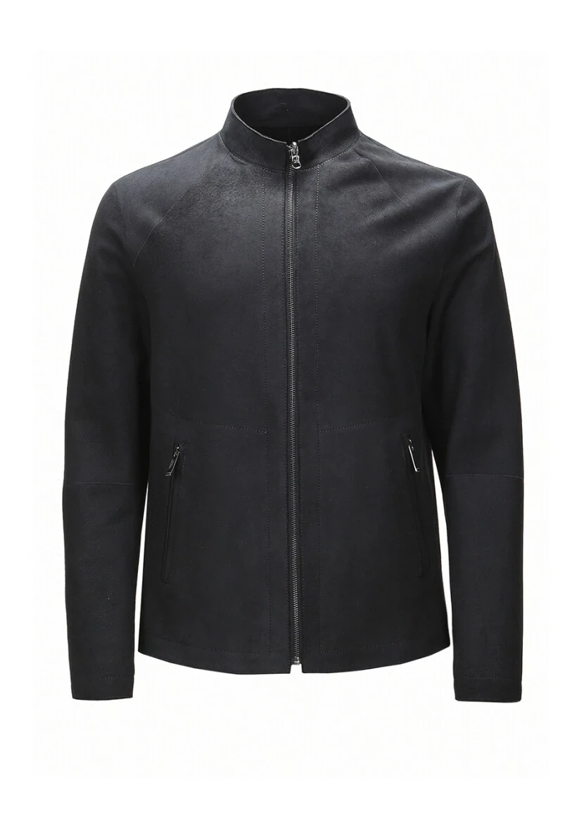 Black Regular Fit Turtleneck Casual Suede Double-Sided Leather Coat - 10