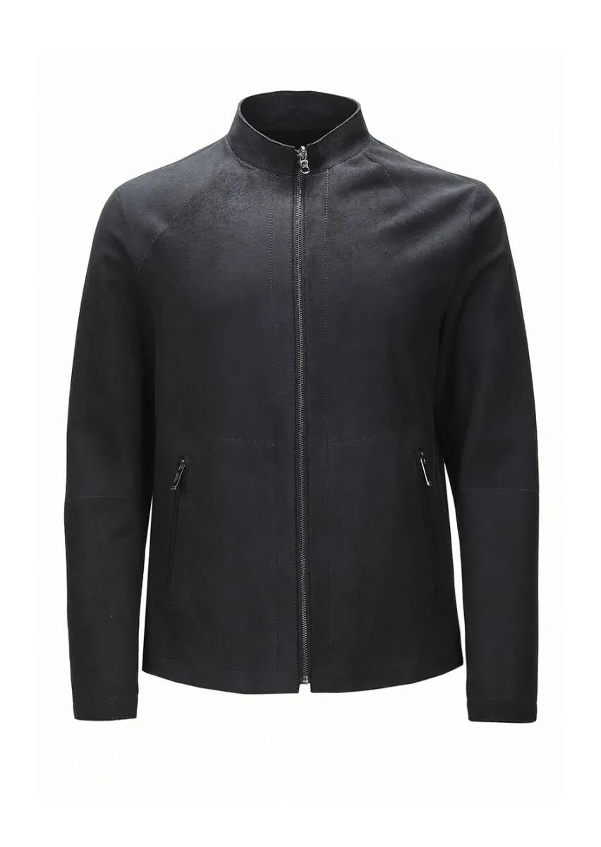 Black Regular Fit Turtleneck Casual Suede Double-Sided Leather Coat - 10