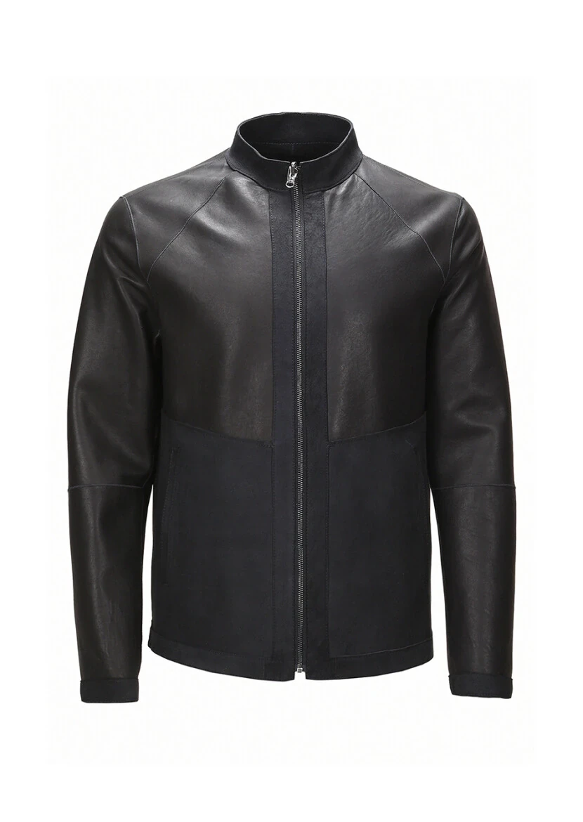 Black Regular Fit Turtleneck Casual Suede Double-Sided Leather Coat - 11