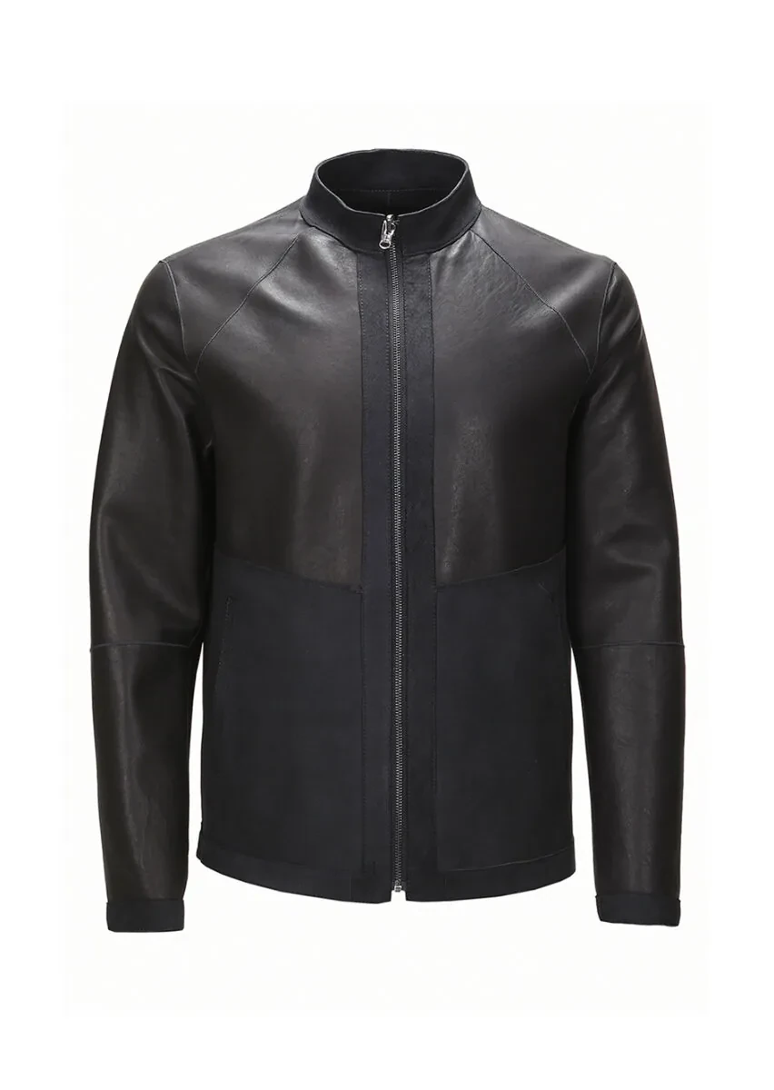 Black Regular Fit Turtleneck Casual Suede Double-Sided Leather Coat - 11
