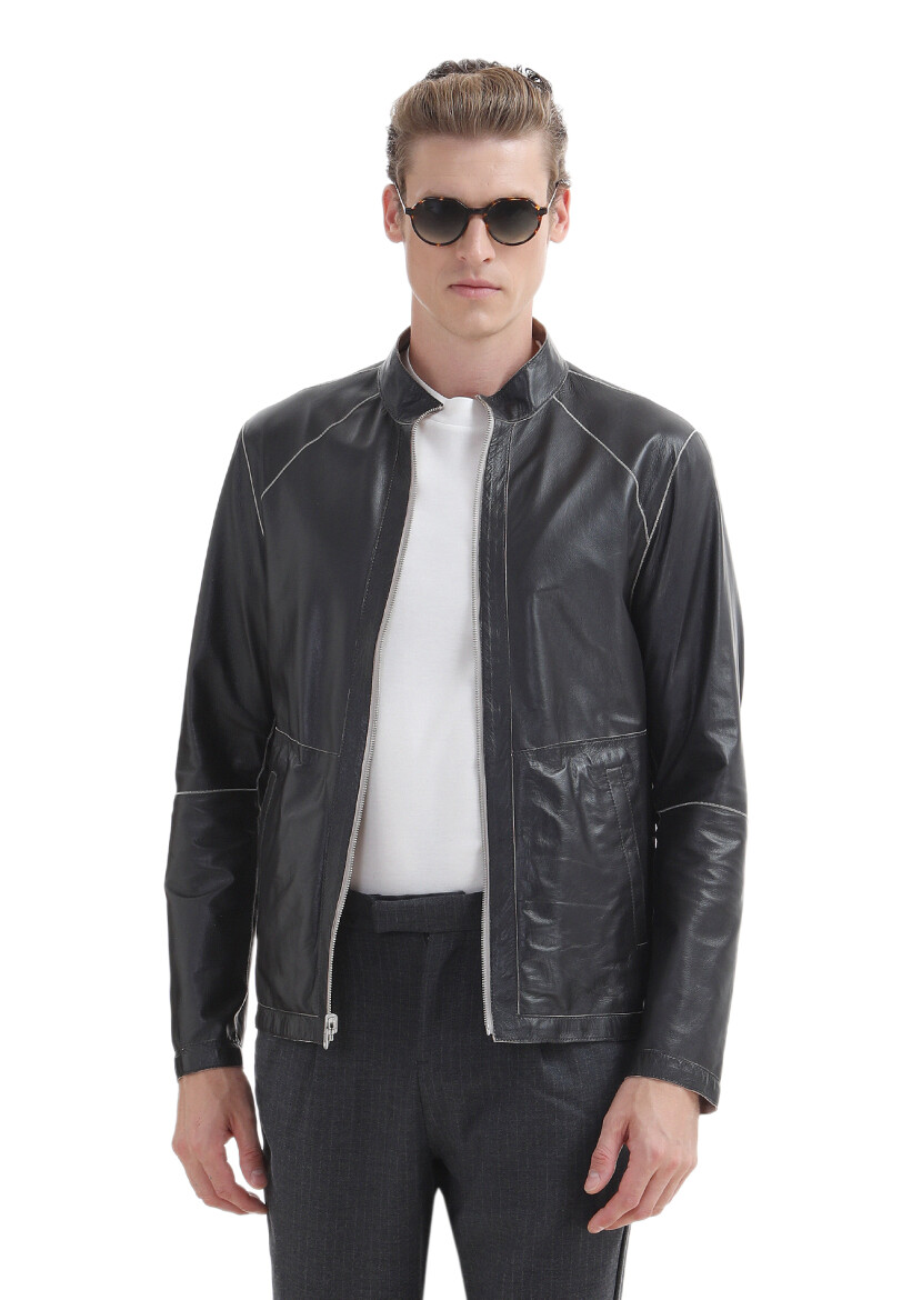 Black Regular Fit Turtleneck Casual Suede Double-Sided Leather Coat - 1
