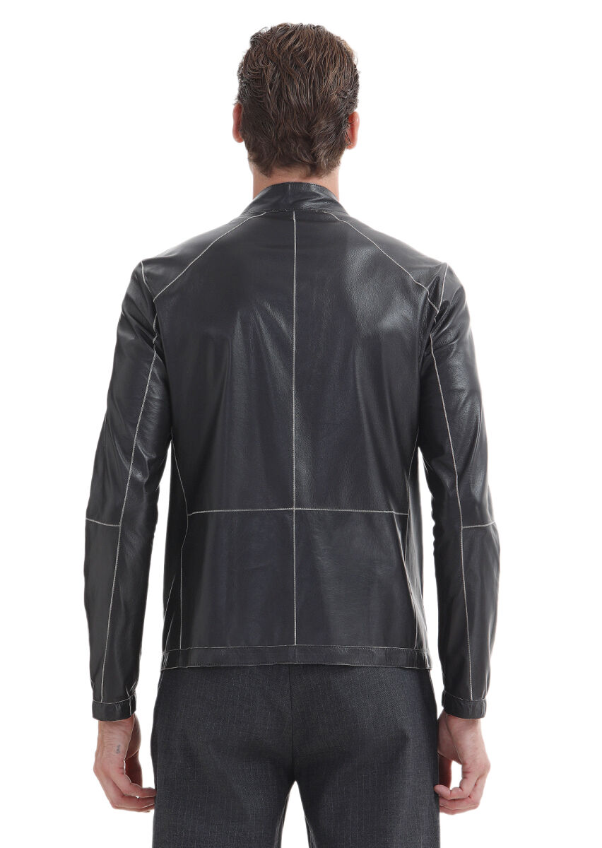 Black Regular Fit Turtleneck Casual Suede Double-Sided Leather Coat - 9