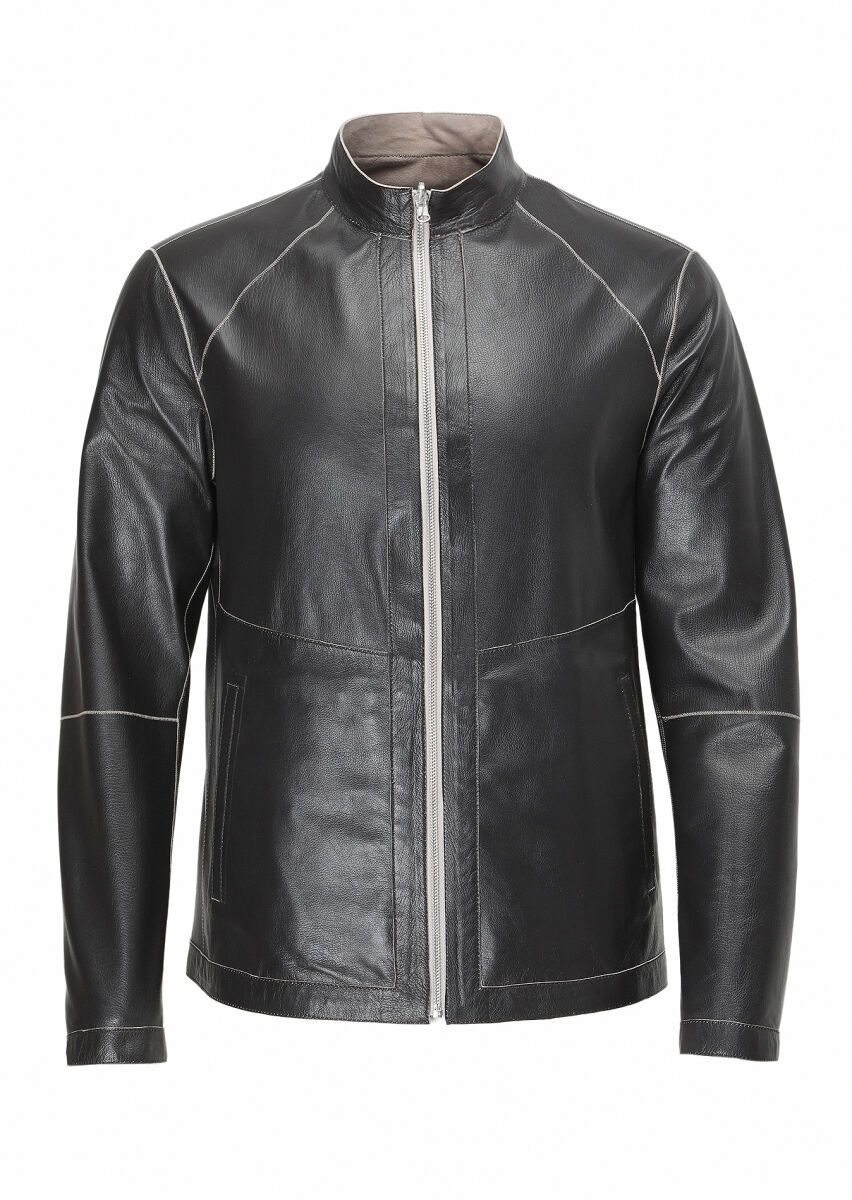 Black Regular Fit Turtleneck Casual Suede Double-Sided Leather Coat - 10