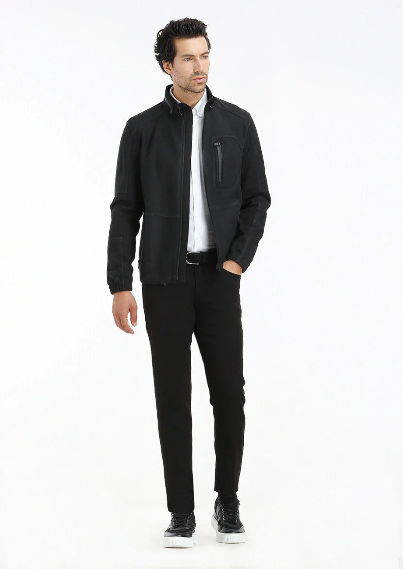 Black Regular Fit Turtleneck Casual Suede Leather Coat - 2