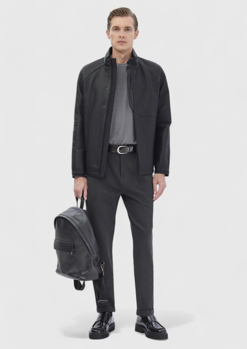 Black Regular Fit Turtleneck Casual Suede Leather Coat - RAMSEY