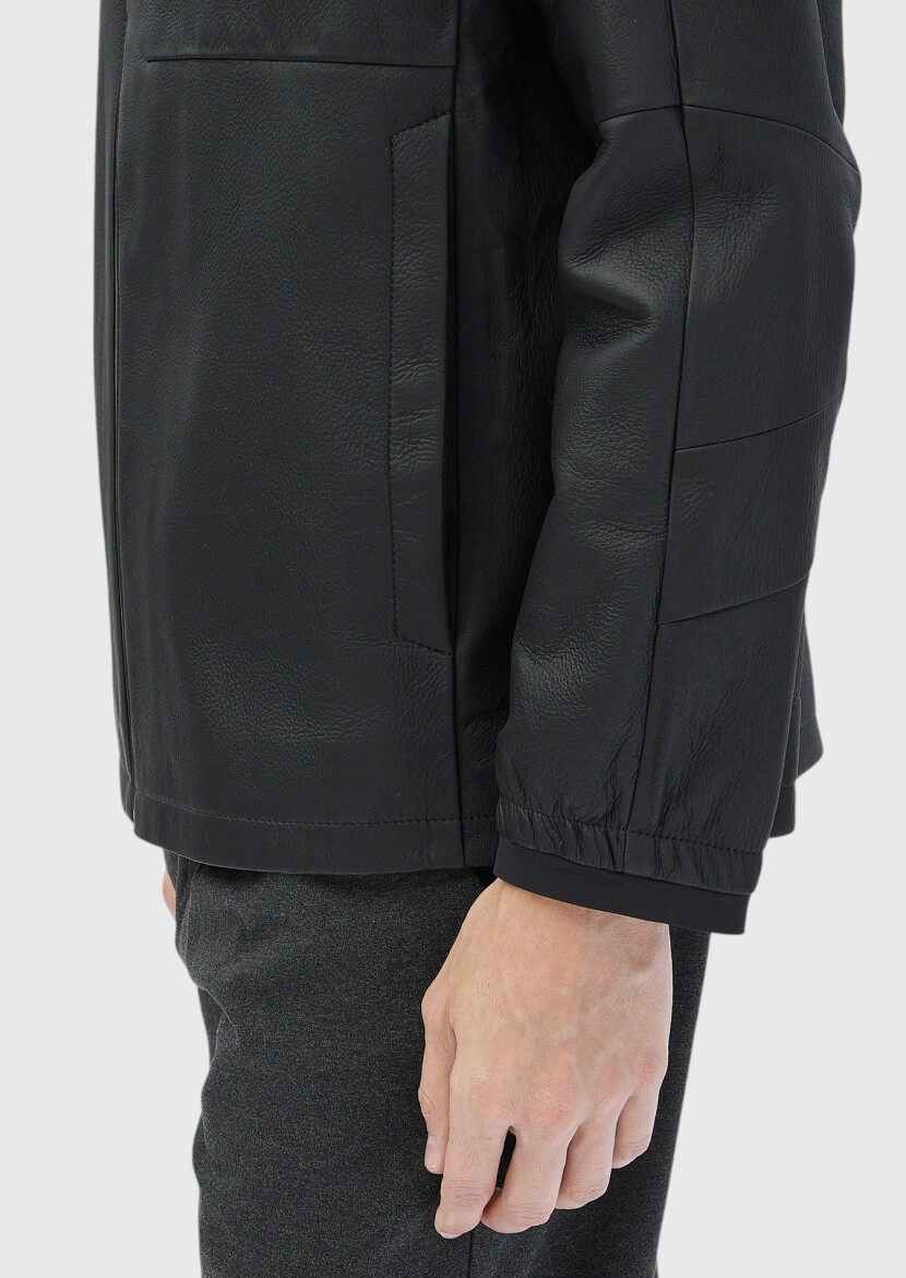 Black Regular Fit Turtleneck Casual Suede Leather Coat - 7