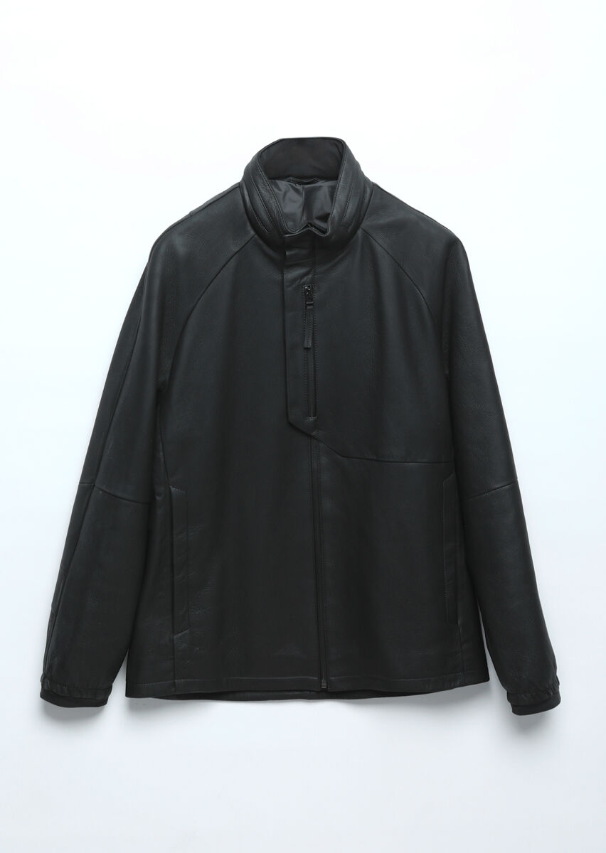 Black Regular Fit Turtleneck Casual Suede Leather Coat - 9