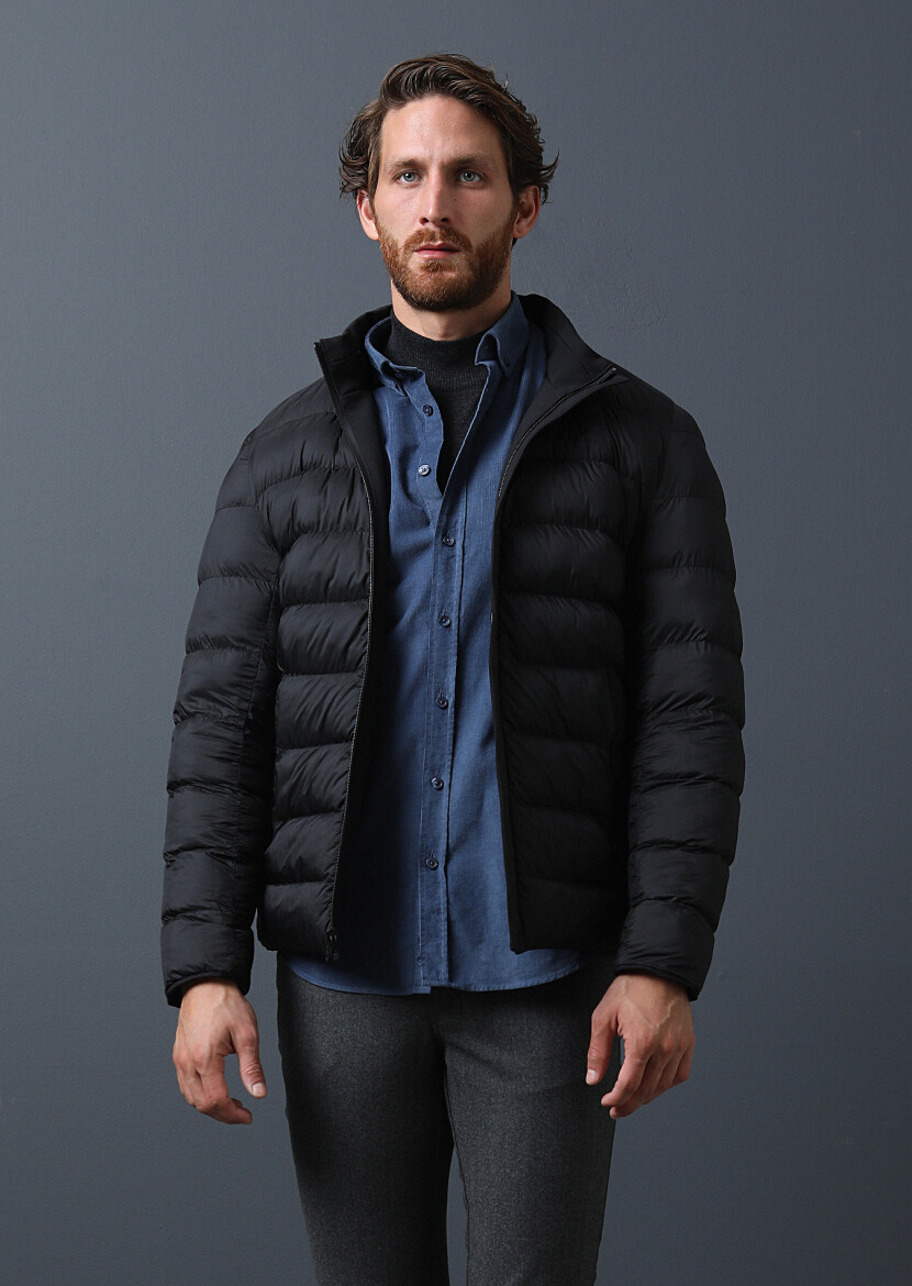 Black Regular Fit Turtleneck Casual Weaving Coat - 1