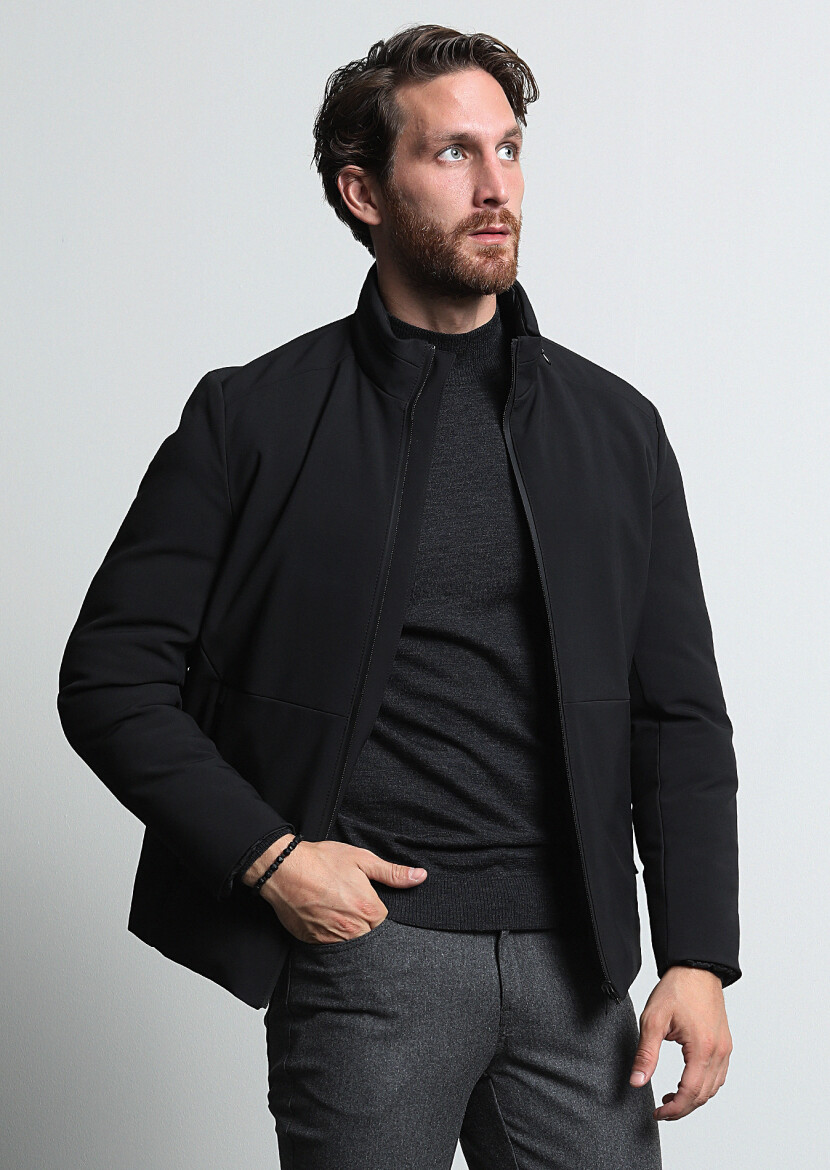 Black Regular Fit Turtleneck Casual Weaving Coat - 2