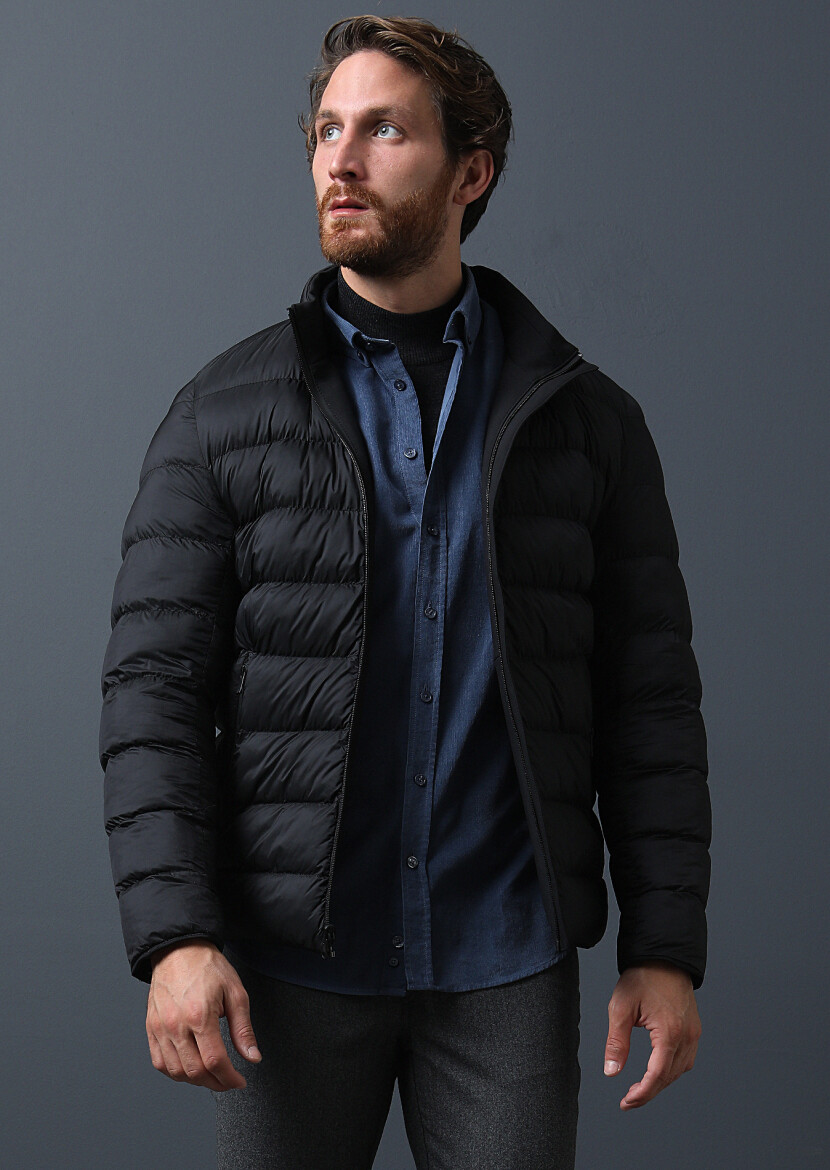 Black Regular Fit Turtleneck Casual Weaving Coat - 3
