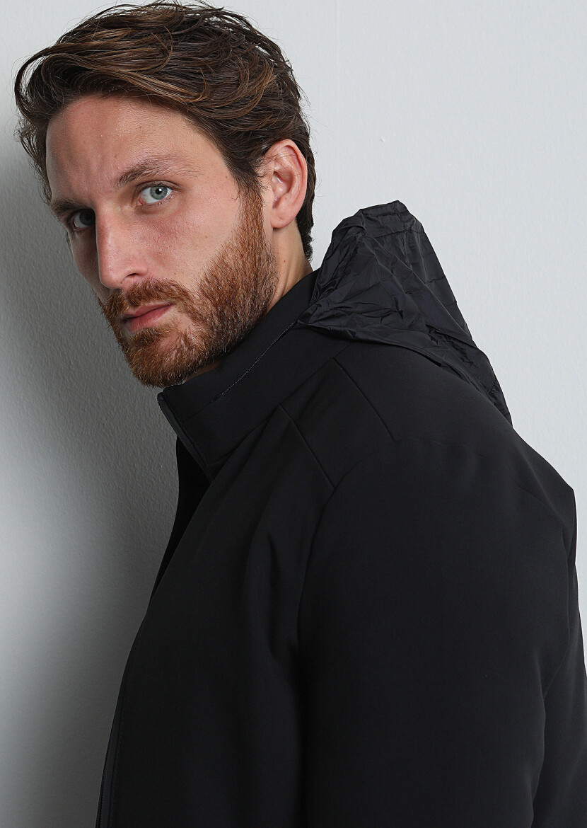 Black Regular Fit Turtleneck Casual Weaving Coat - 4