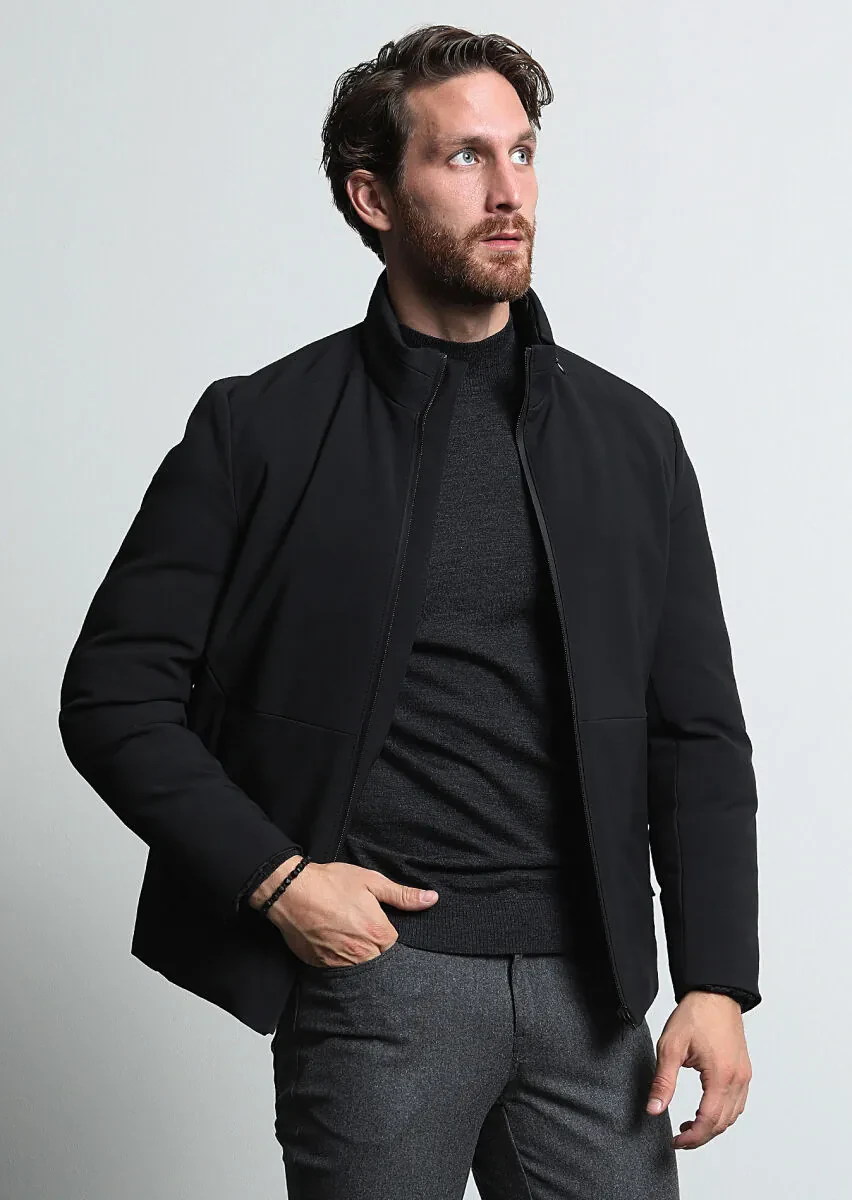 Black Regular Fit Turtleneck Casual Weaving Coat - 2