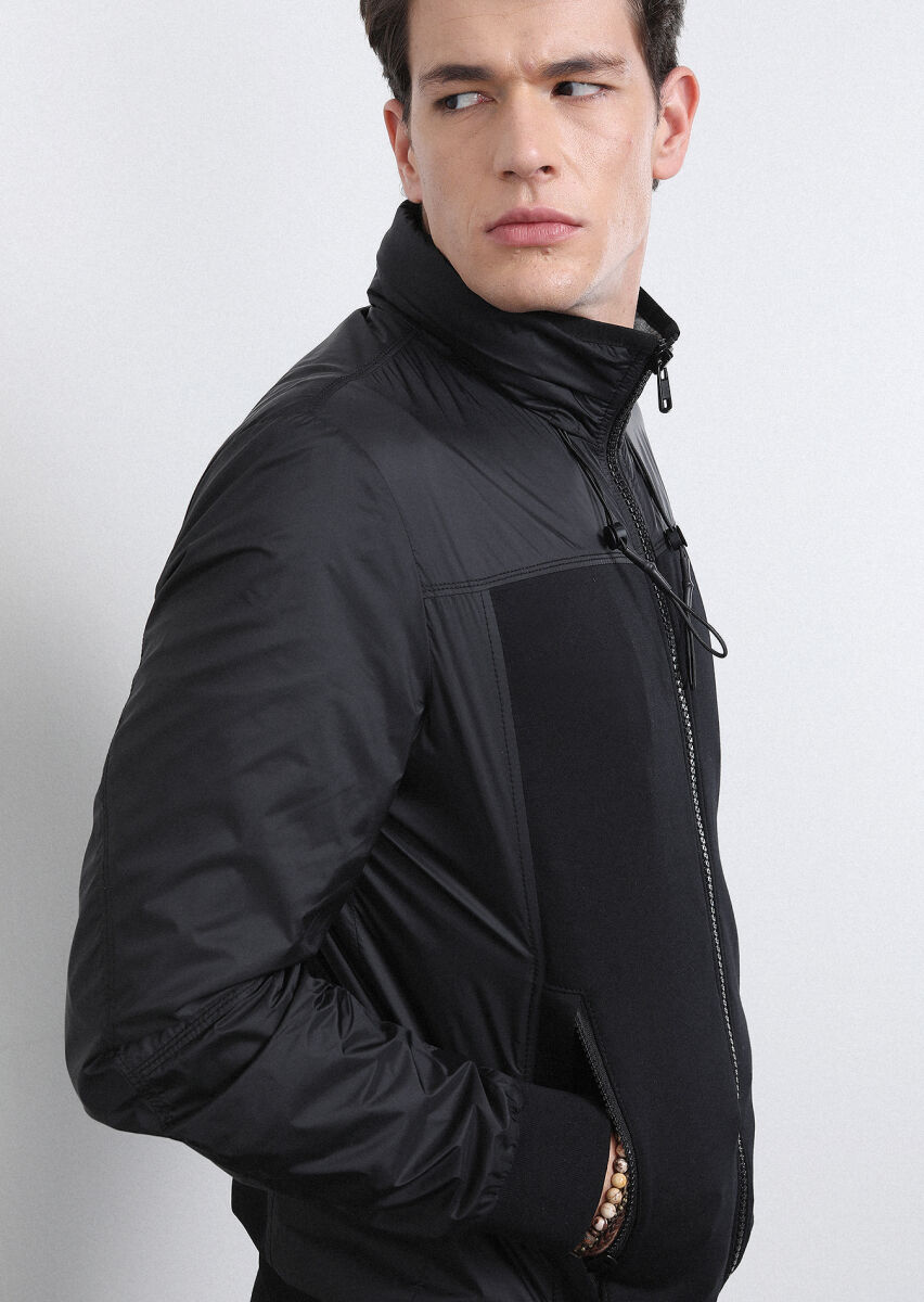 Black Regular Fit Turtleneck Casual Weaving Coat - 4