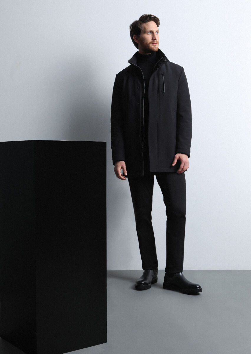 Black Regular Fit Turtleneck Casual Weaving Coat - 1