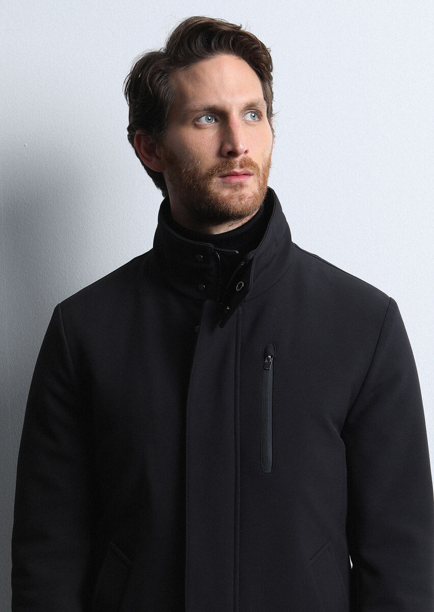 Black Regular Fit Turtleneck Casual Weaving Coat - 3