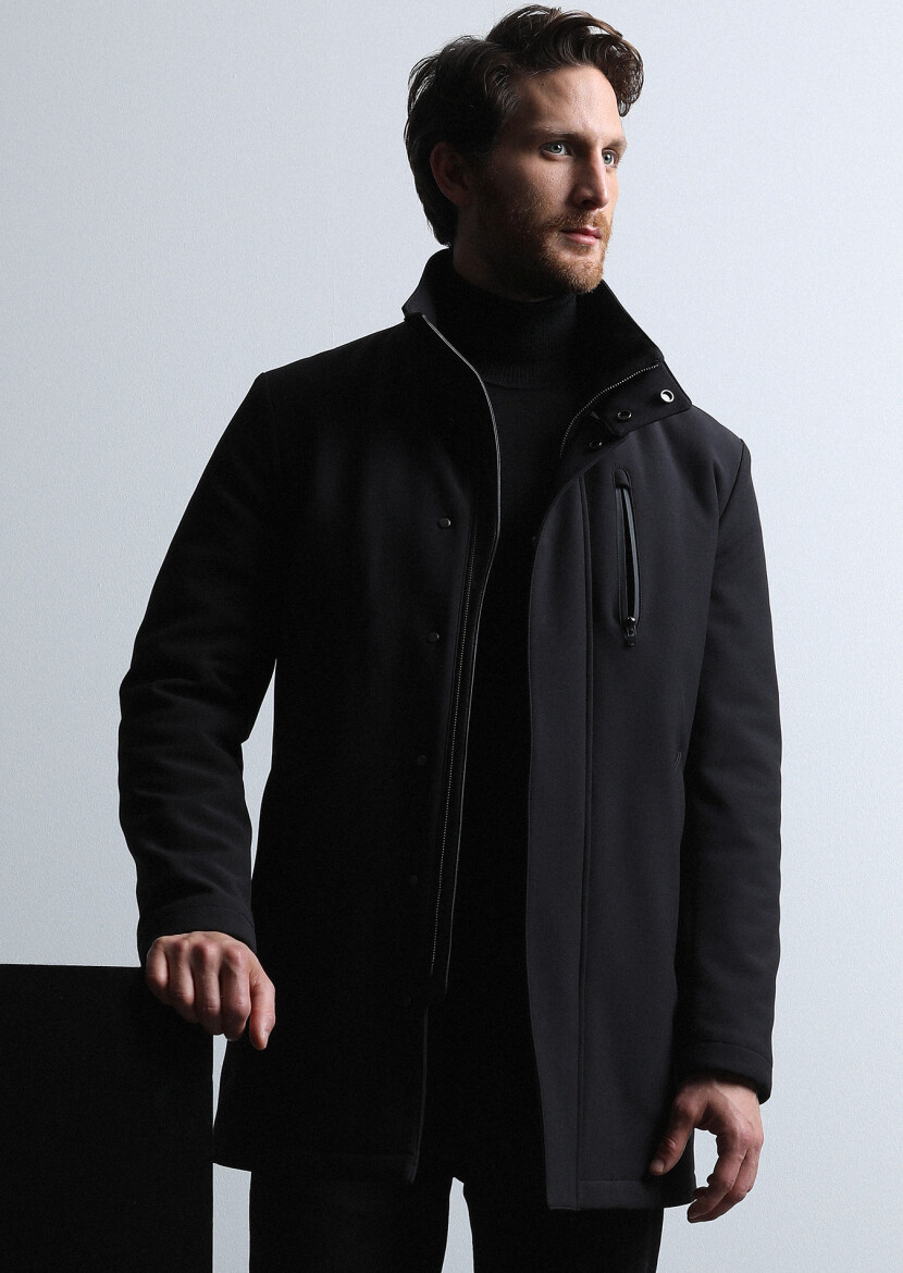 Black Regular Fit Turtleneck Casual Weaving Coat - 4