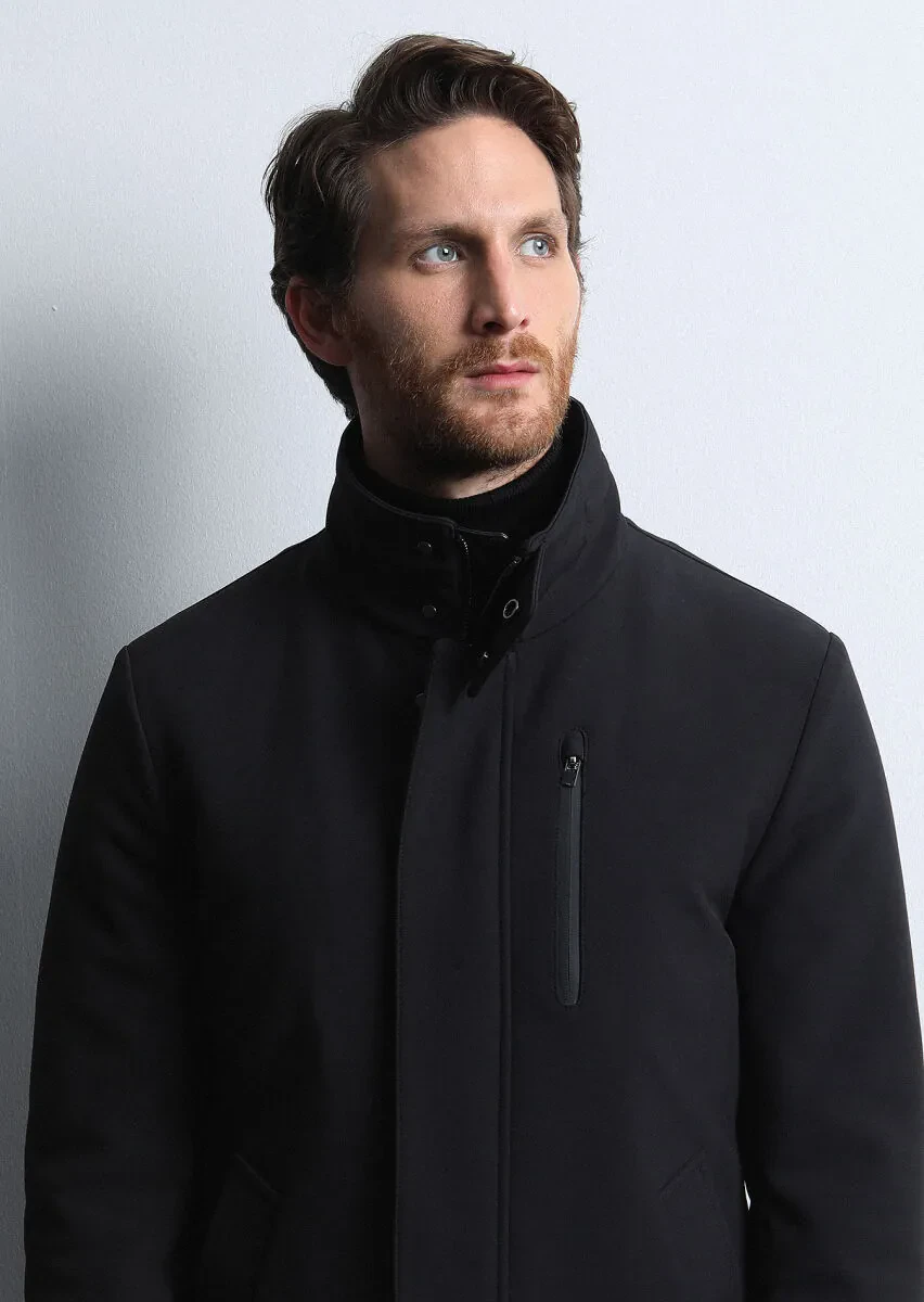 Black Regular Fit Turtleneck Casual Weaving Coat - 3