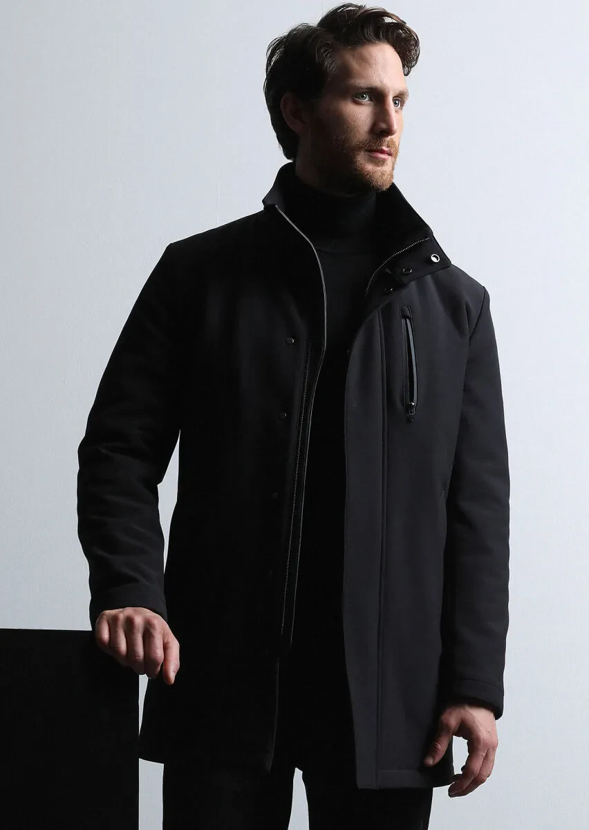 Black Regular Fit Turtleneck Casual Weaving Coat - 4