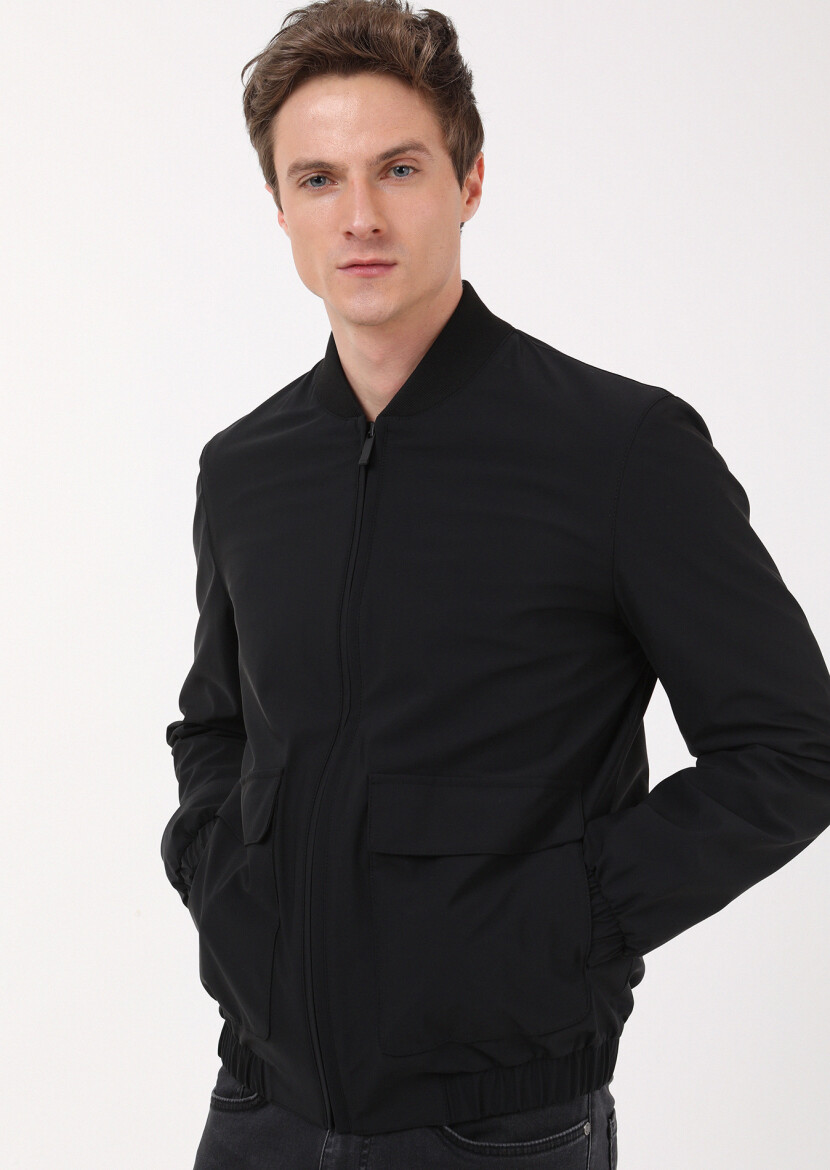 Black Regular Fit Turtleneck Casual Weaving Coat - 2