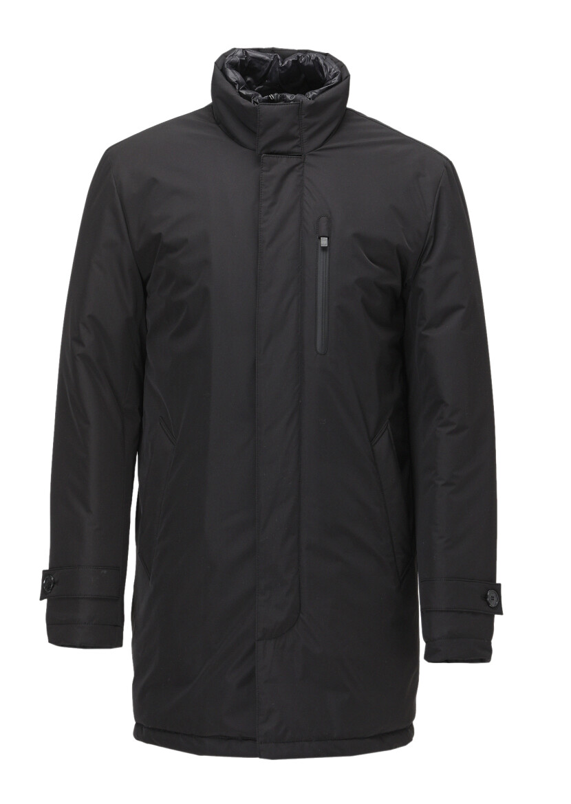 Black Regular Fit Turtleneck Casual Weaving Coat - 1