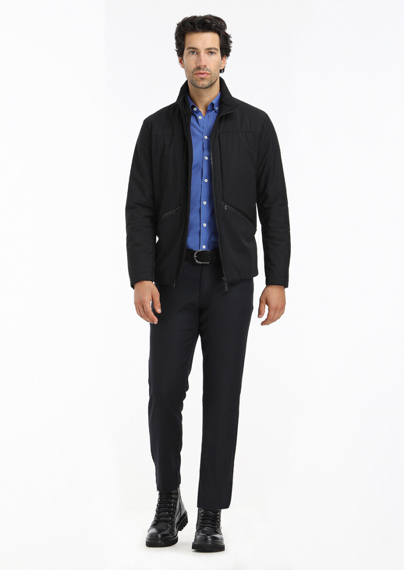 Black Regular Fit Turtleneck Casual Weaving Coat - 1