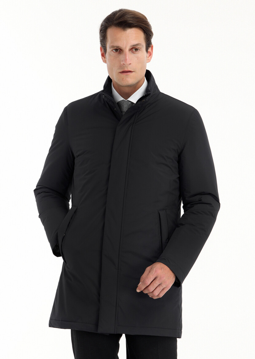 Black Regular Fit Turtleneck Casual Weaving Coat - 3