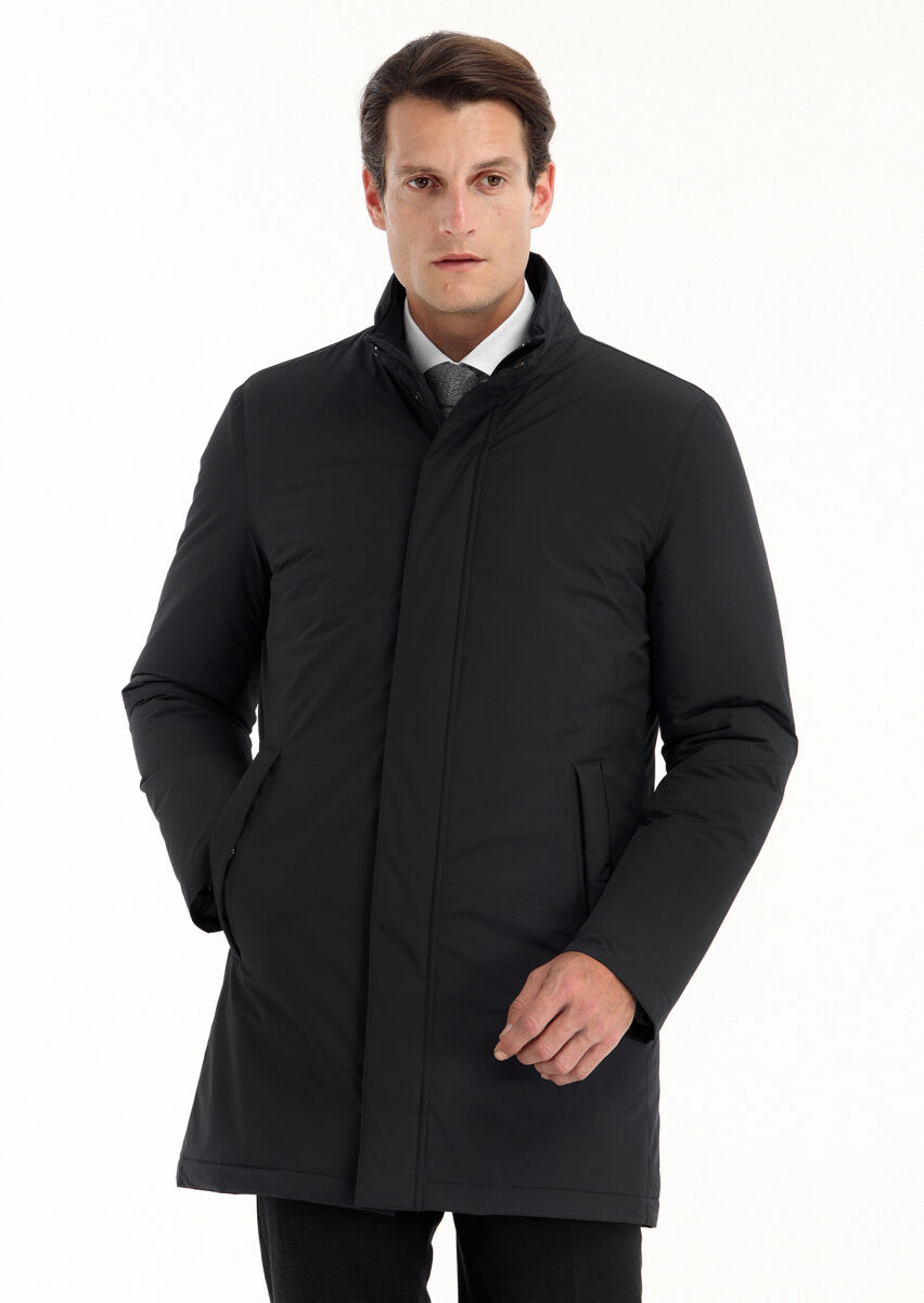 Black Regular Fit Turtleneck Casual Weaving Coat - 3