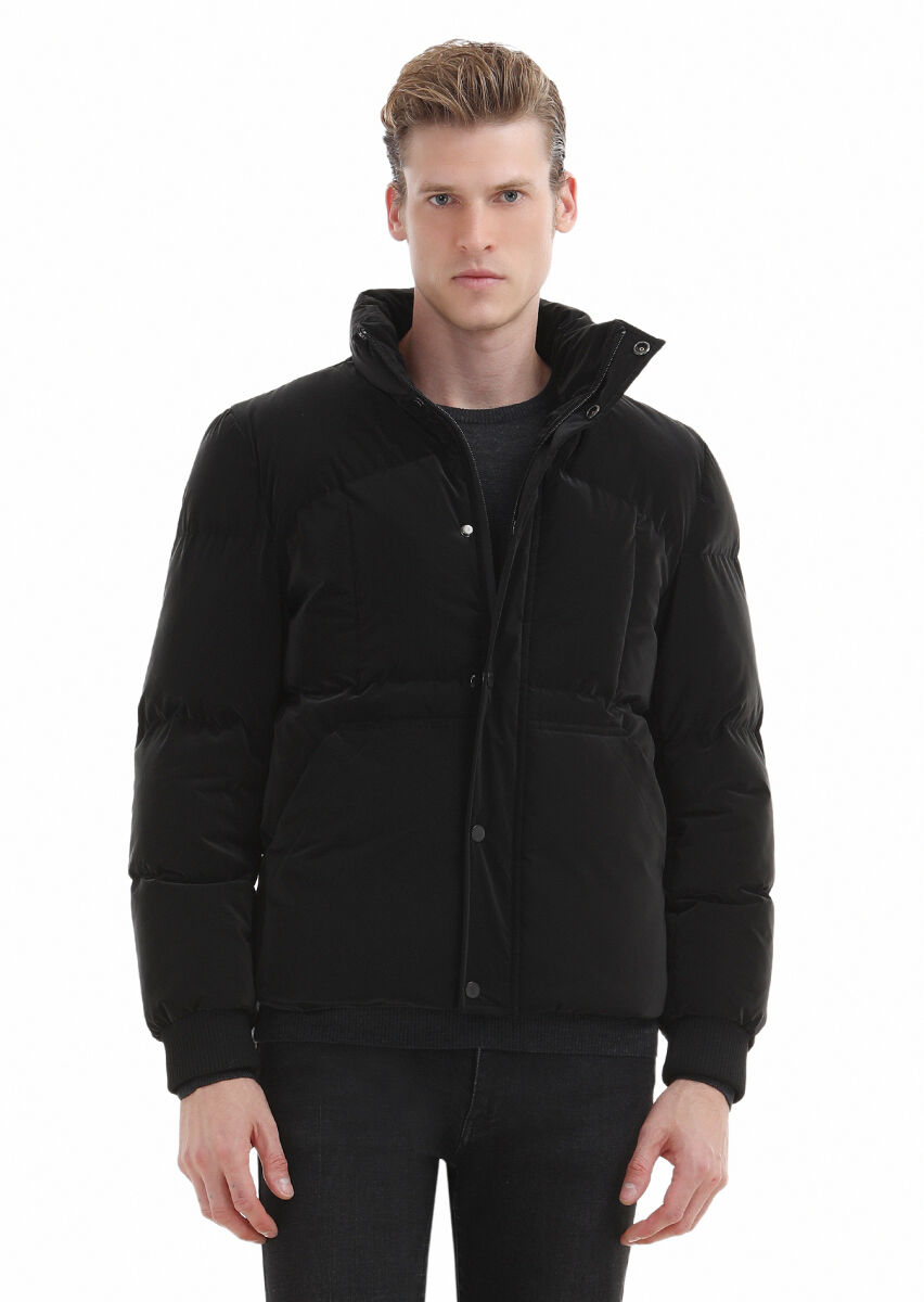 Black Regular Fit Turtleneck Casual Weaving Coat - 3
