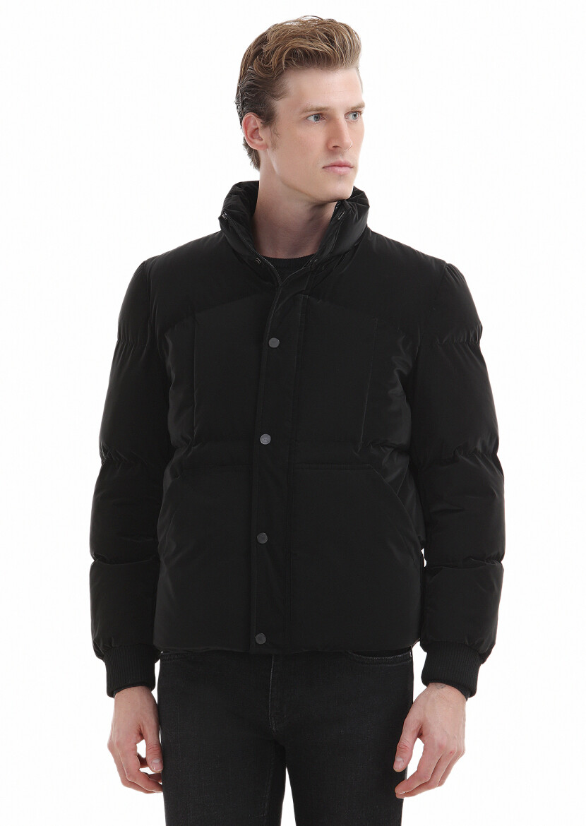 Black Regular Fit Turtleneck Casual Weaving Coat - 4