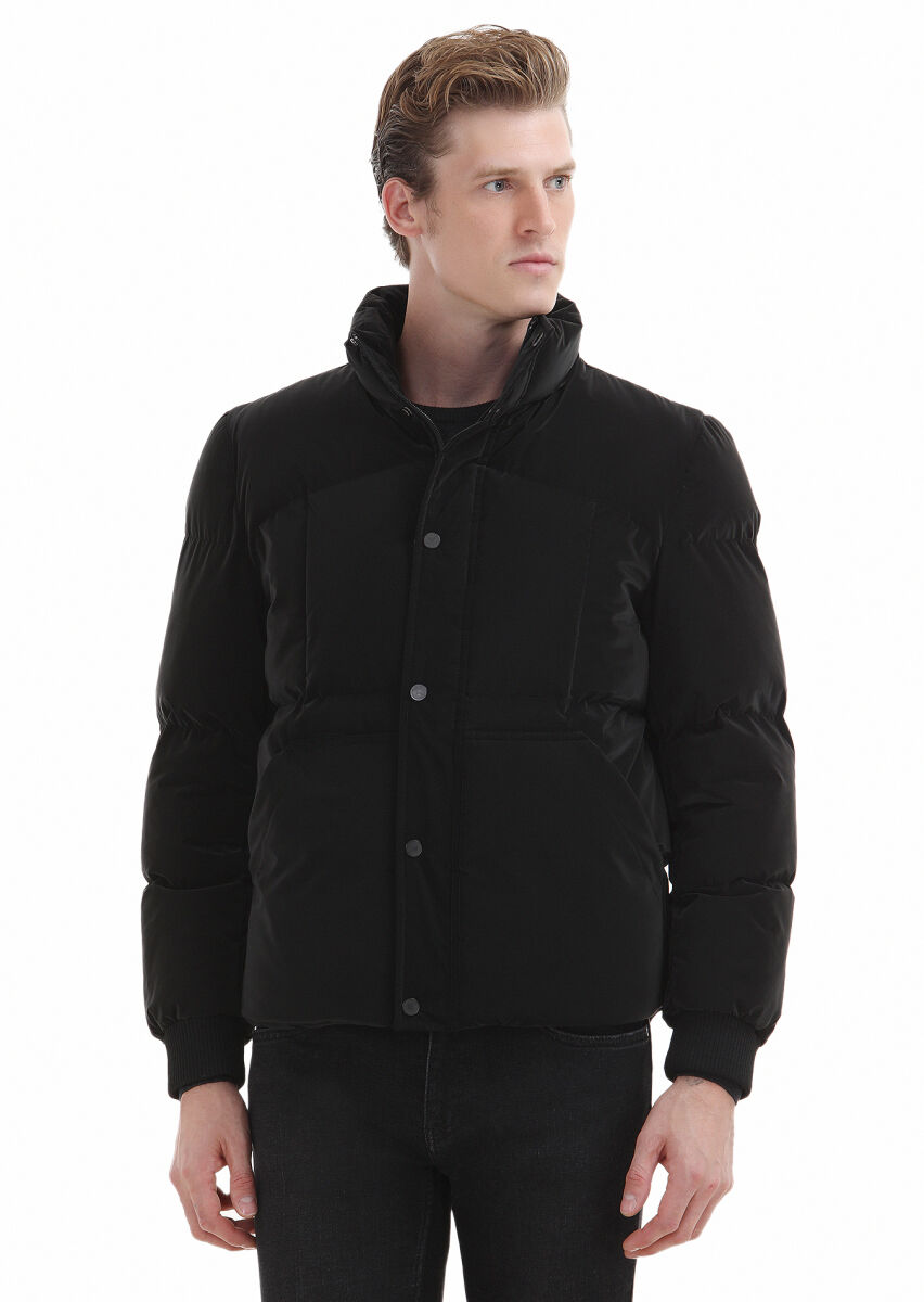 Black Regular Fit Turtleneck Casual Weaving Coat - 4