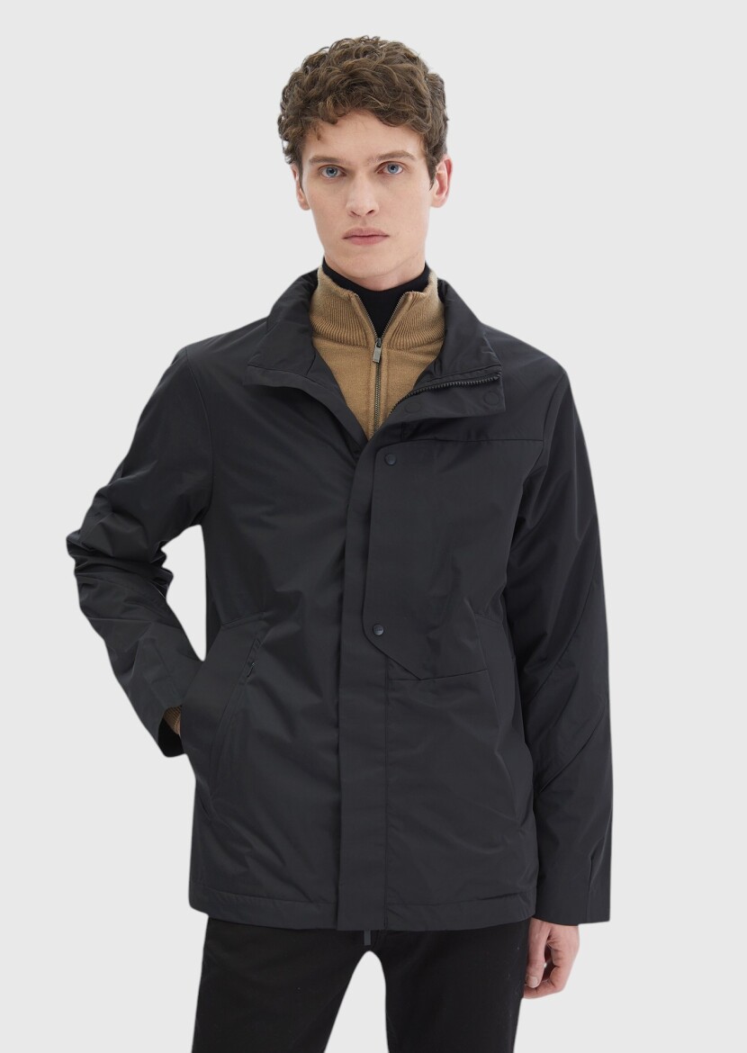 Black Regular Fit Turtleneck Casual Weaving Coat - 3