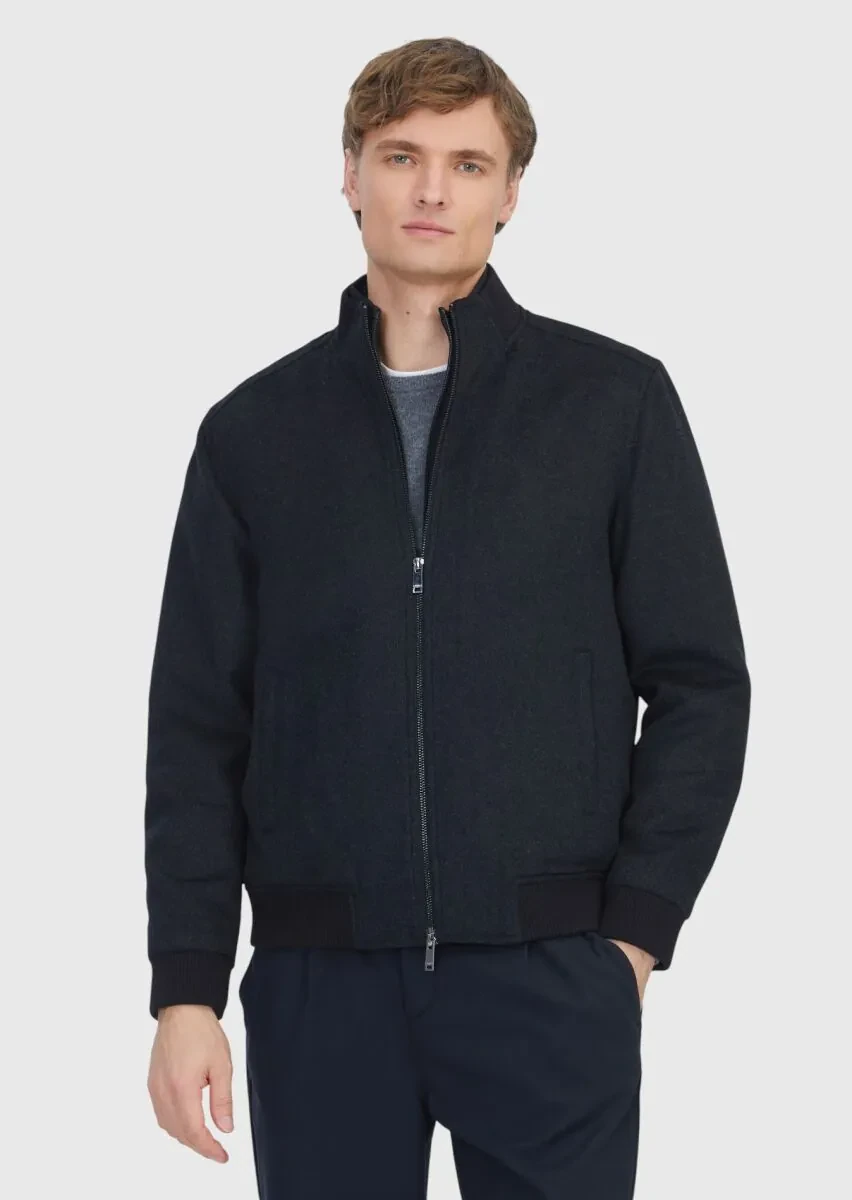 Black Regular Fit Turtleneck Casual Weaving Coat - 1