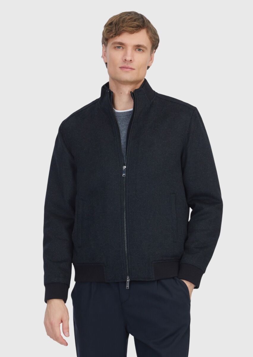 Black Regular Fit Turtleneck Casual Weaving Coat - 1