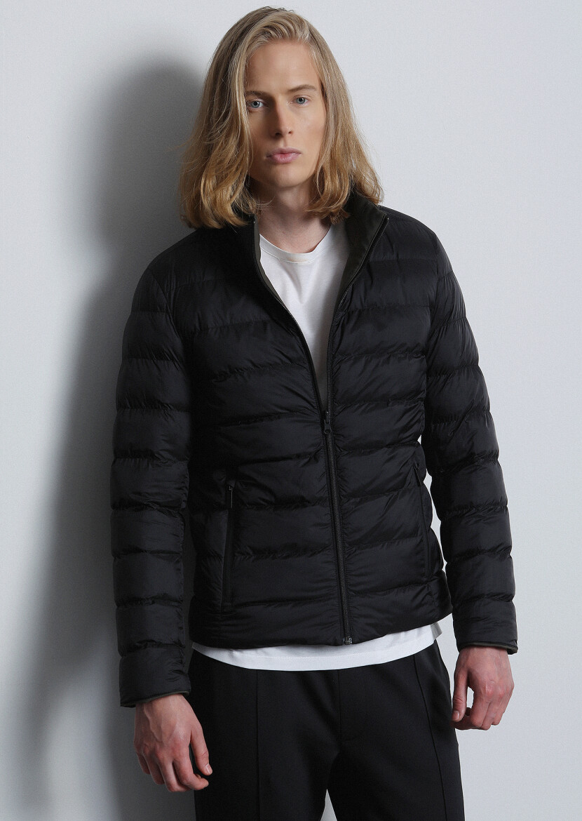 Black Regular Fit Turtleneck Casual Weaving Double-Sided Coat - 1