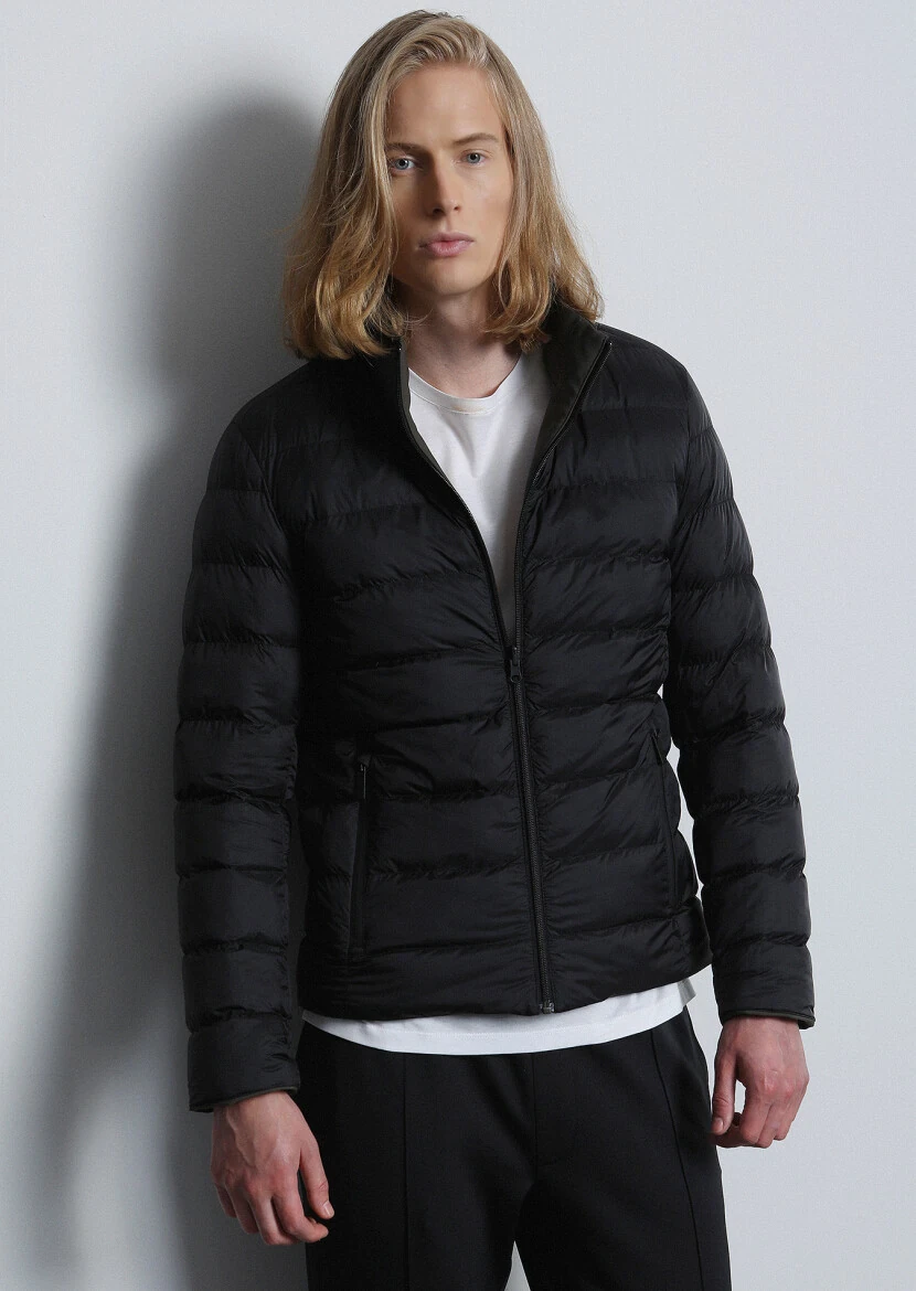 Black Regular Fit Turtleneck Casual Weaving Double-Sided Coat - 1