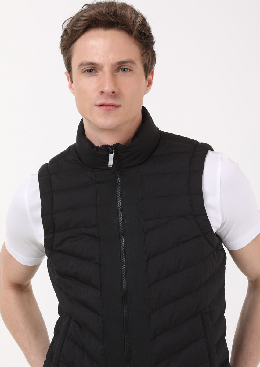 Black Regular Fit Turtleneck Casual Weaving Puffer Puffer Vest - 4